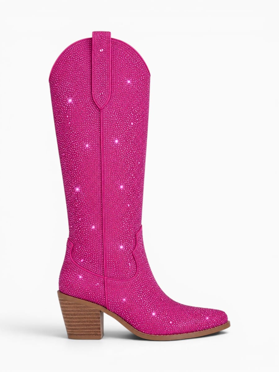 Amara Shoes Rhinestone Pointed Toe Knee High Cowboy Boots