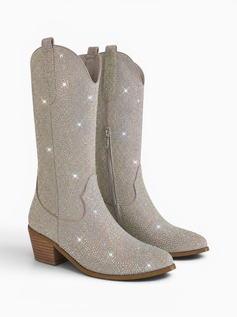 Amara Shoes Rhinestone Pointed Toe Knee High Cowboy Boots