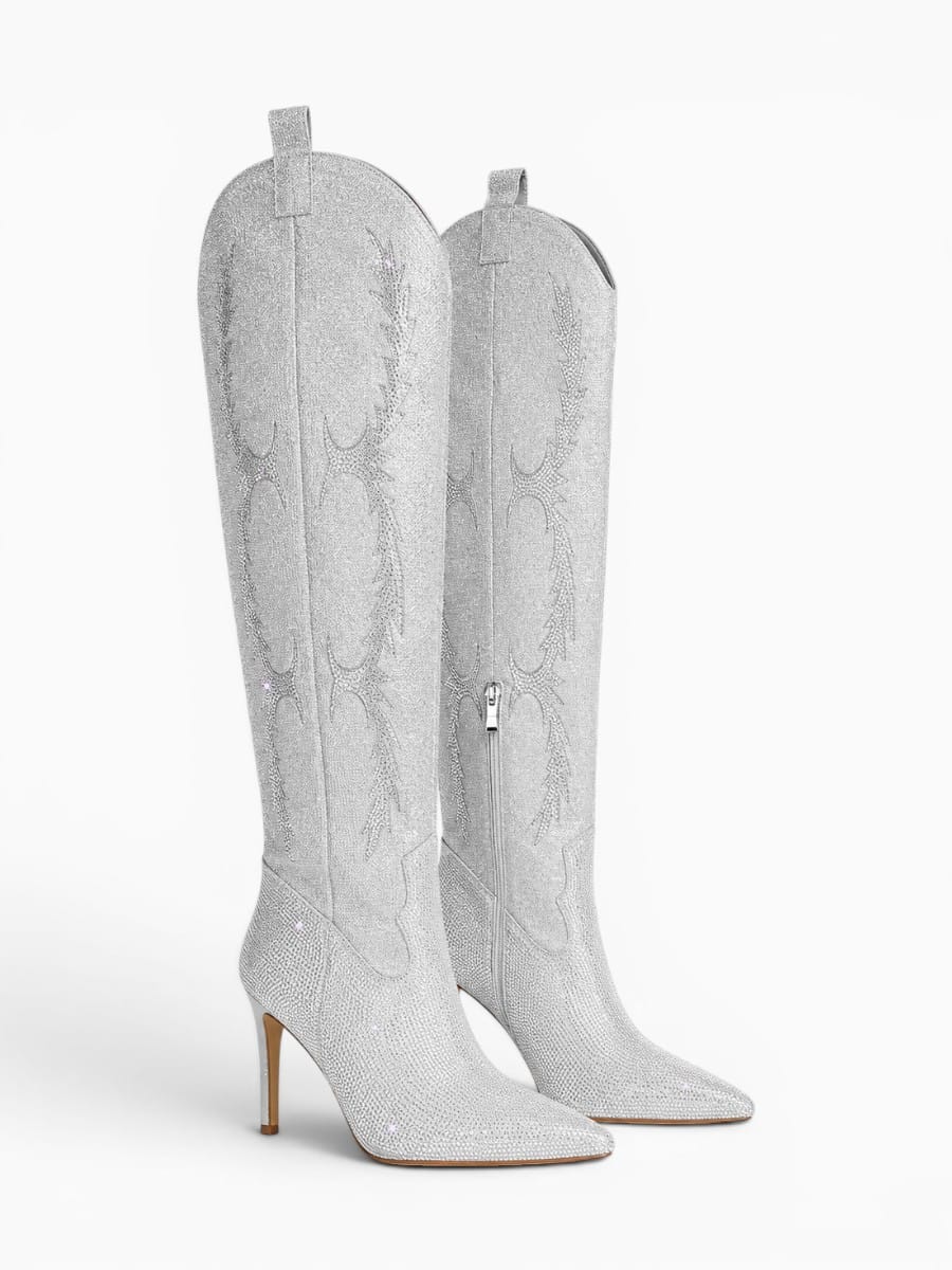 Amara Shoes Rhinestone Pointed Toe Over The Knee High Heel Boots