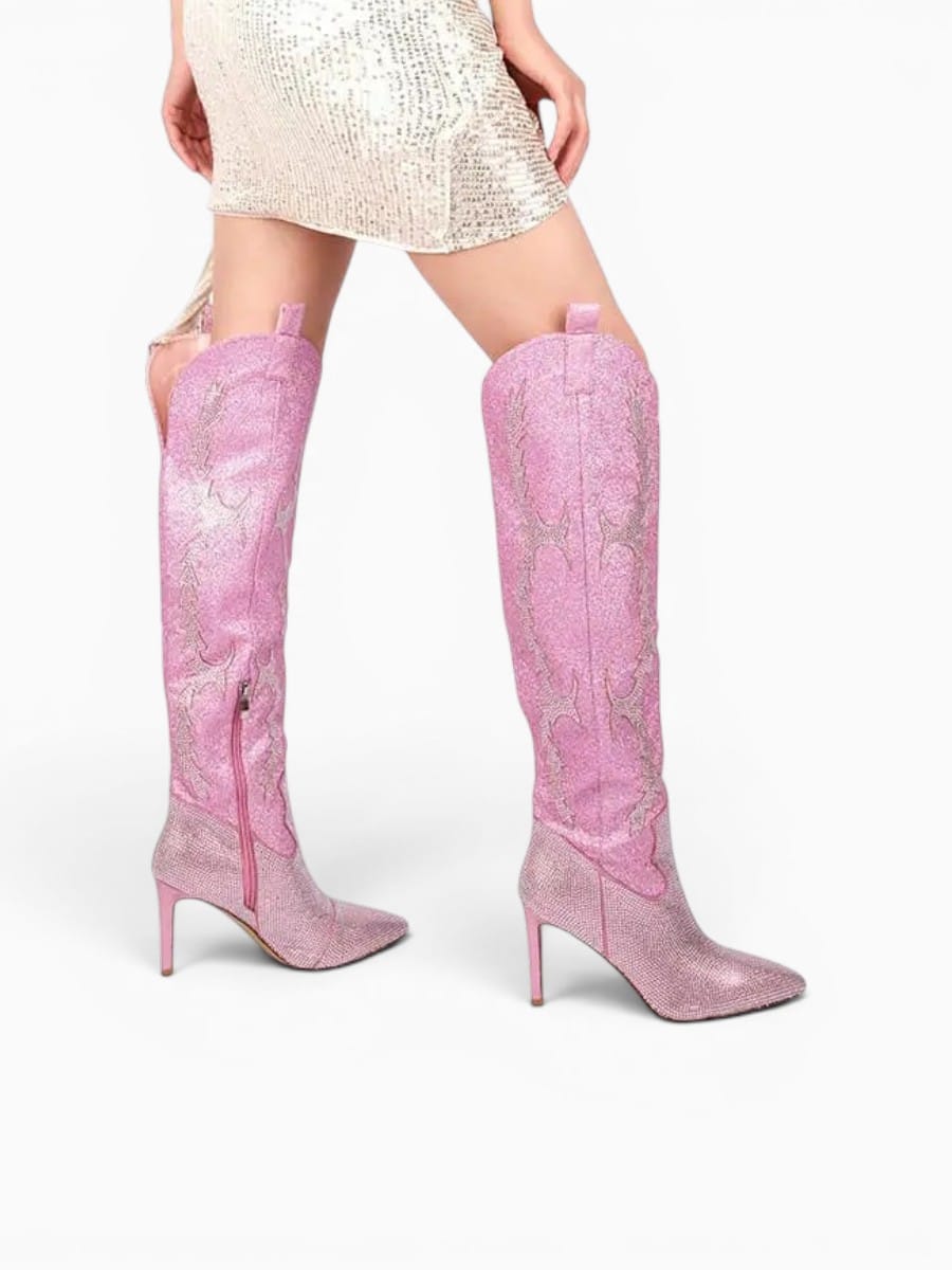 Amara Shoes Rhinestone Pointed Toe Over The Knee High Heel Boots