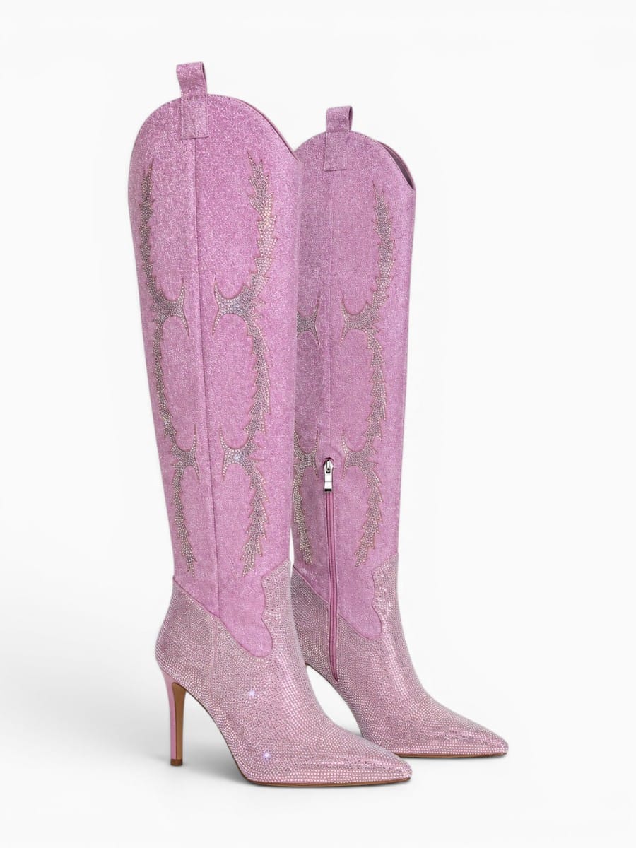 Amara Shoes Rhinestone Pointed Toe Over The Knee High Heel Boots