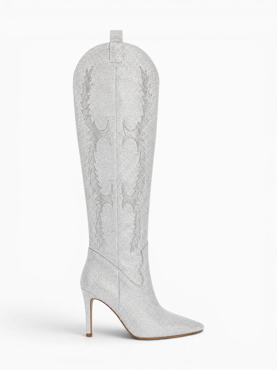 Amara Shoes Rhinestone Pointed Toe Over The Knee High Heel Boots
