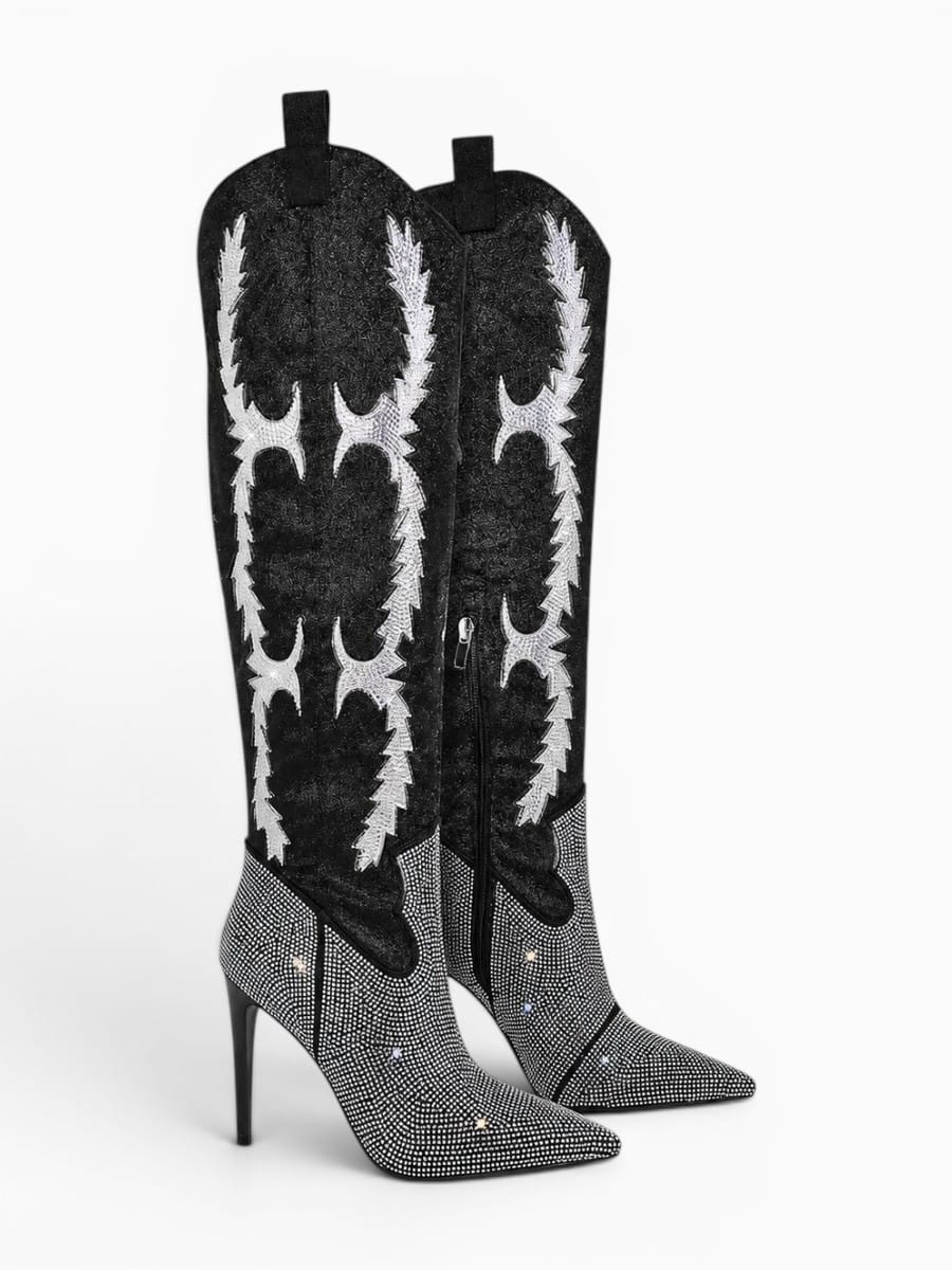 Amara Shoes Rhinestone Pointed Toe Over The Knee High Heel Boots