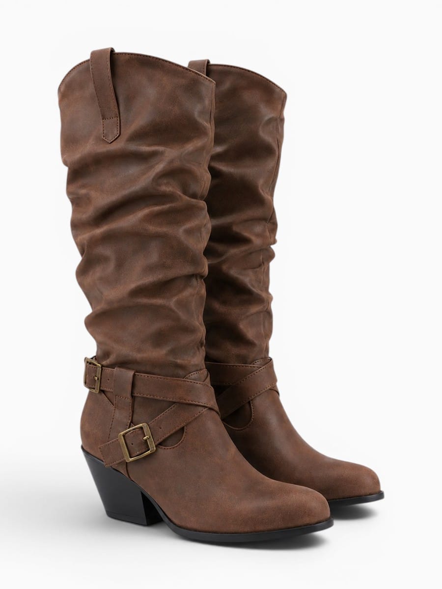 Amara Shoes Riding Knee High Boot Fold Belt Buckle Block Heel