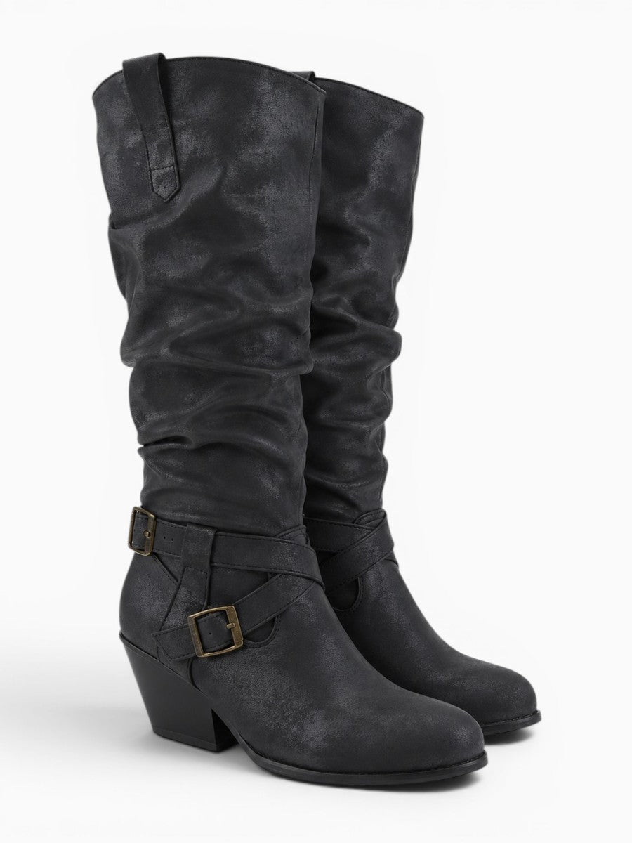 Amara Shoes Riding Knee High Boot Fold Belt Buckle Block Heel