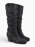 Amara Shoes Riding Knee High Boot Fold Belt Buckle Block Heel