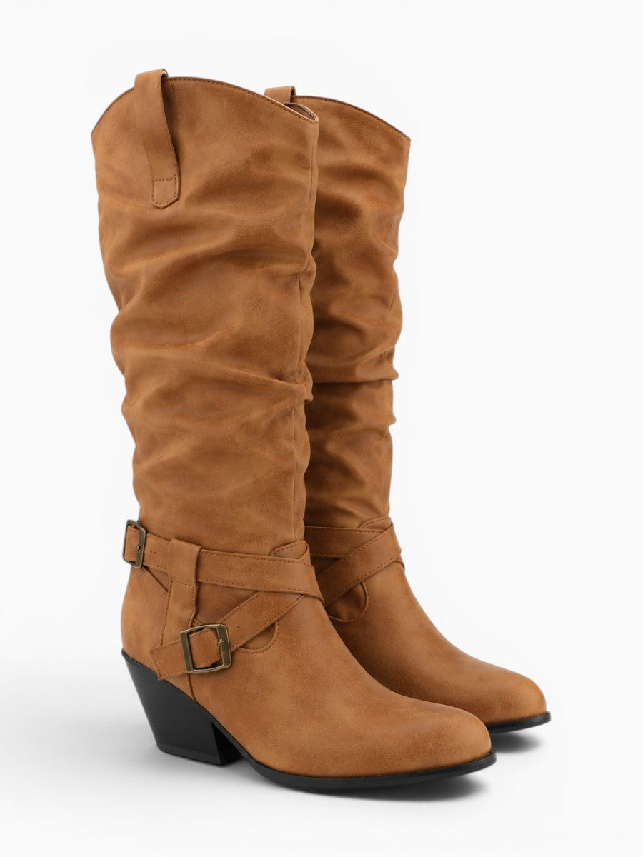 Amara Shoes Riding Knee High Boot Fold Belt Buckle Block Heel