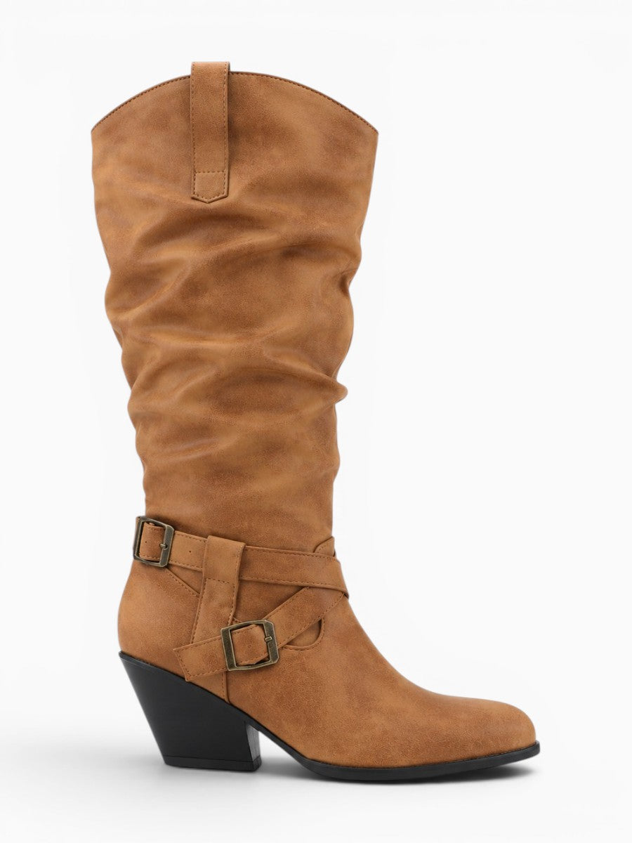 Amara Shoes Riding Knee High Boot Fold Belt Buckle Block Heel