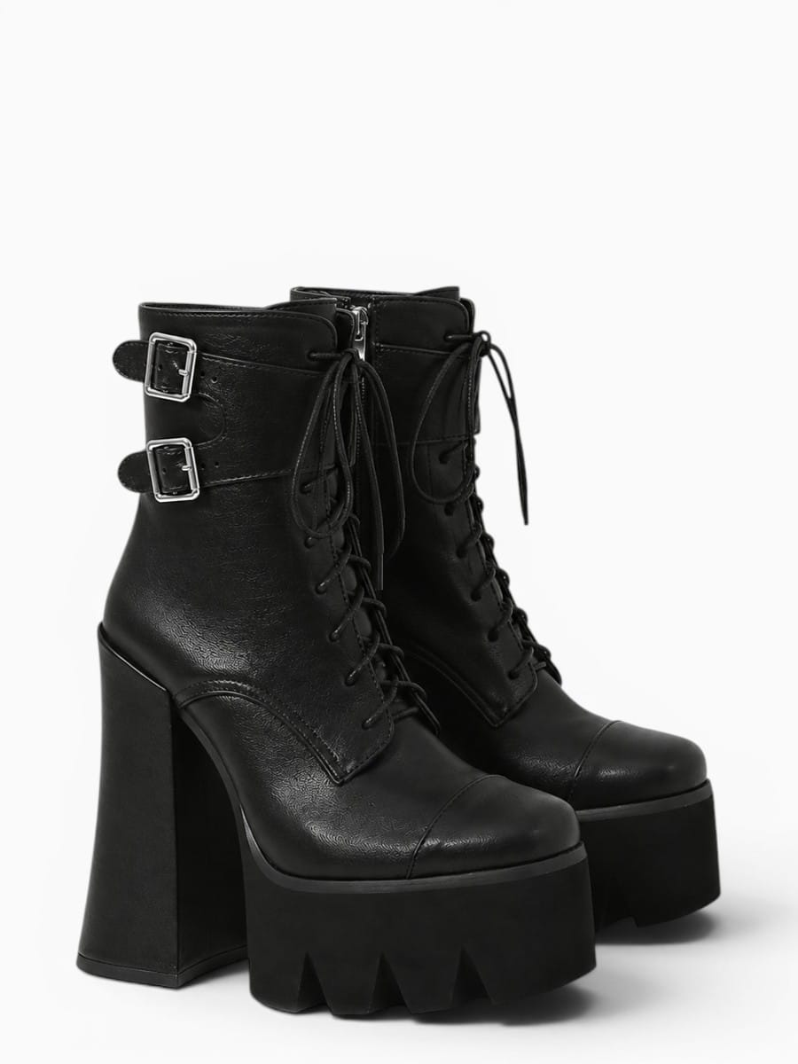 Amara Shoes Round Toe Platform Ankle Boot Square Heel Cross Zip