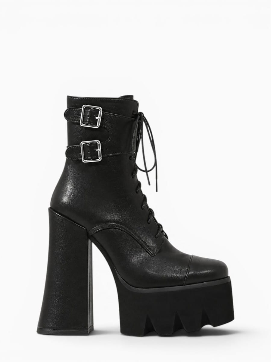 Amara Shoes Round Toe Platform Ankle Boot Square Heel Cross Zip