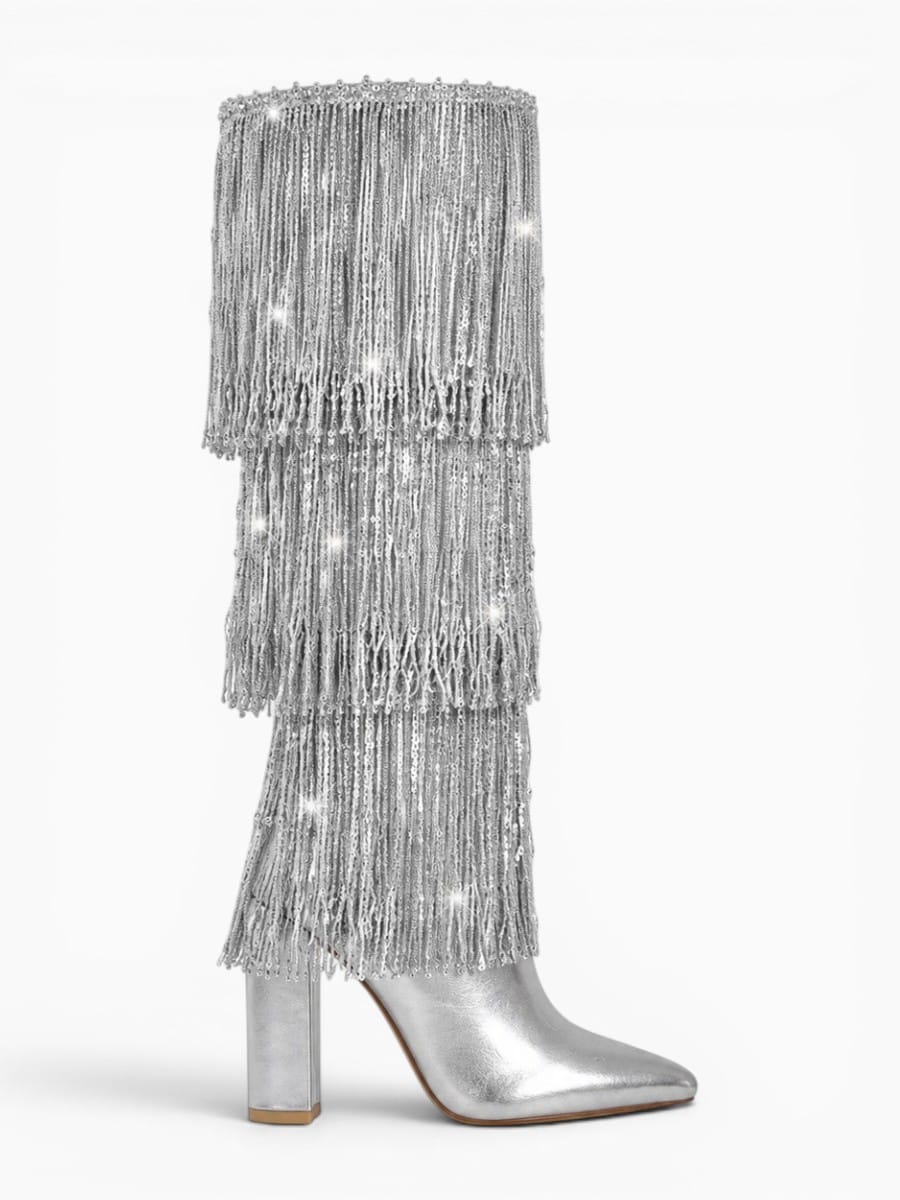 Amara Shoes Sequin Fringe Knee High Boots
