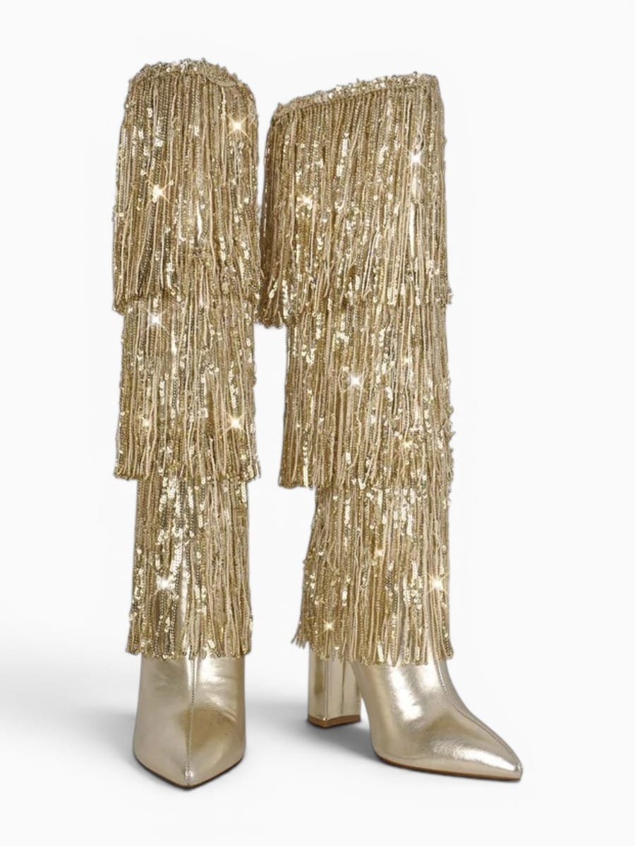 Amara Shoes Sequin Fringe Knee High Boots