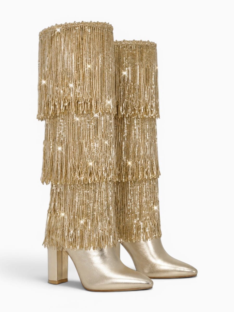 Amara Shoes Sequin Fringe Knee High Boots