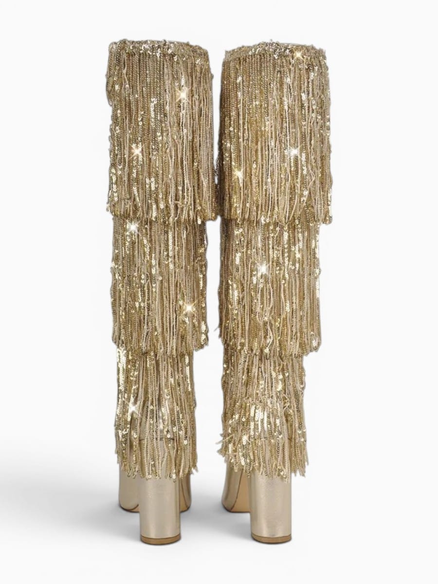 Amara Shoes Sequin Fringe Knee High Boots