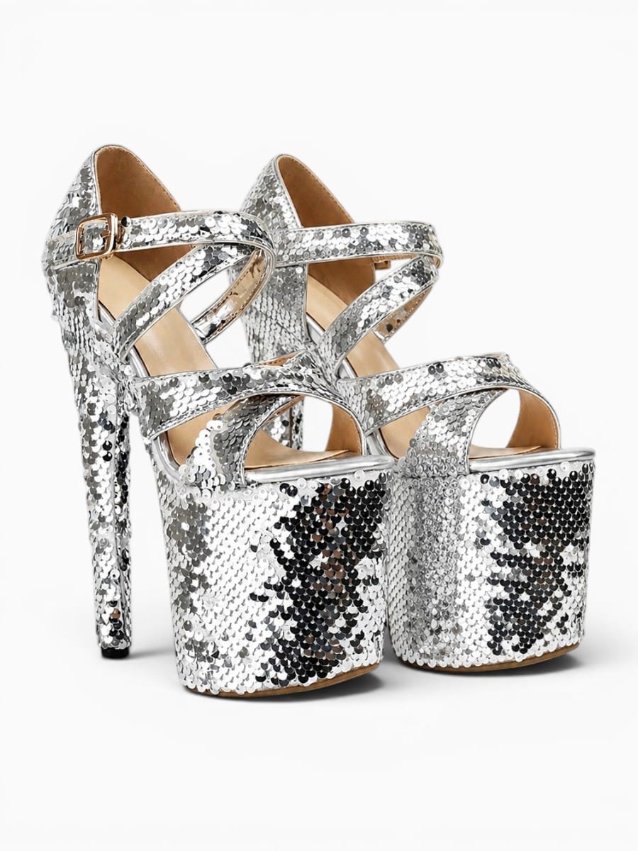 Amara Shoes Sequin Platform Stiletto Heel Sandals