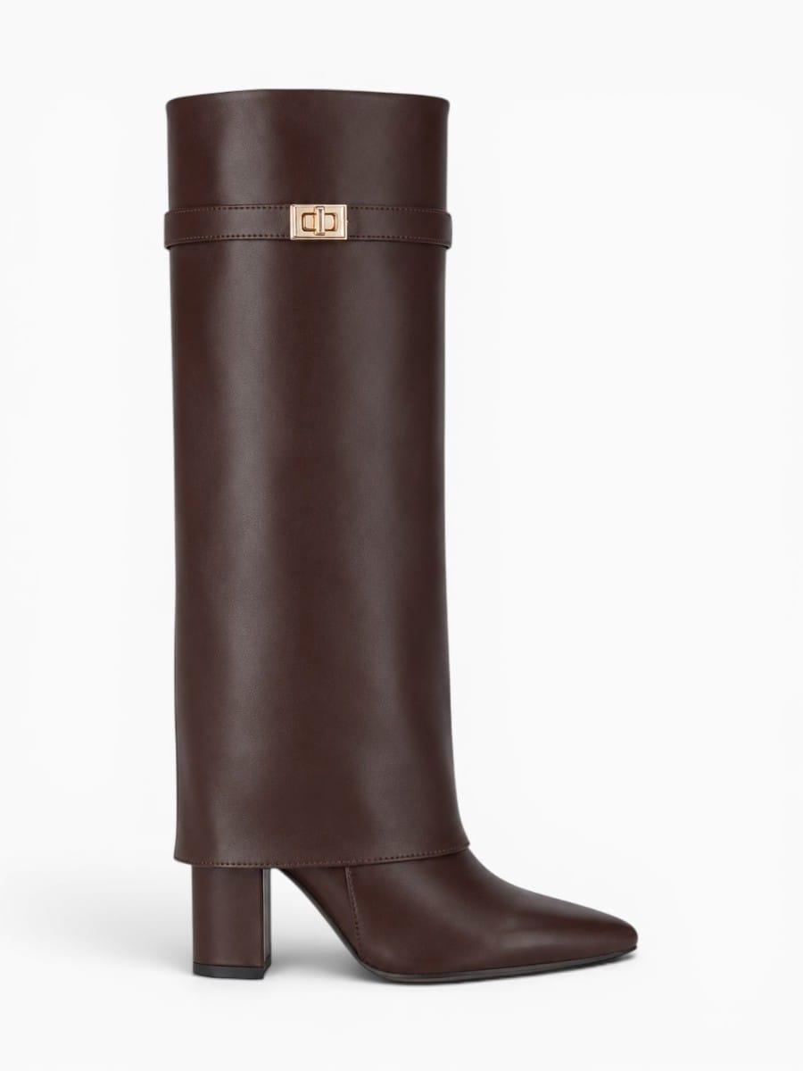 Amara Shoes Slim Leg Knee High Boot Pointed Toe Metal Buckle