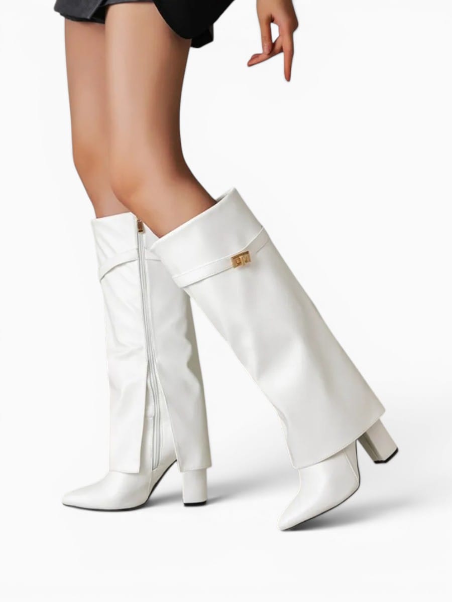 Amara Shoes Slim Leg Knee High Boot Pointed Toe Metal Buckle