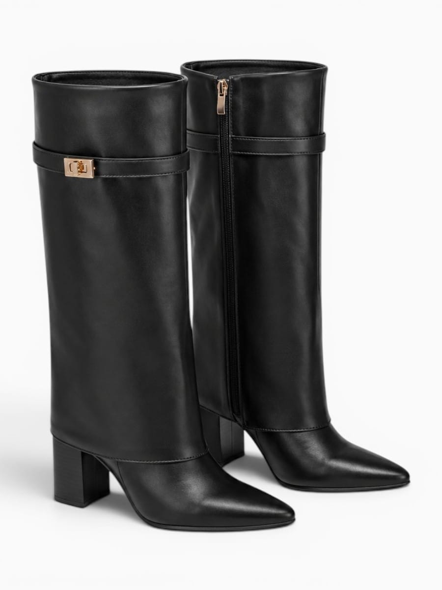 Amara Shoes Slim Leg Knee High Boot Pointed Toe Metal Buckle