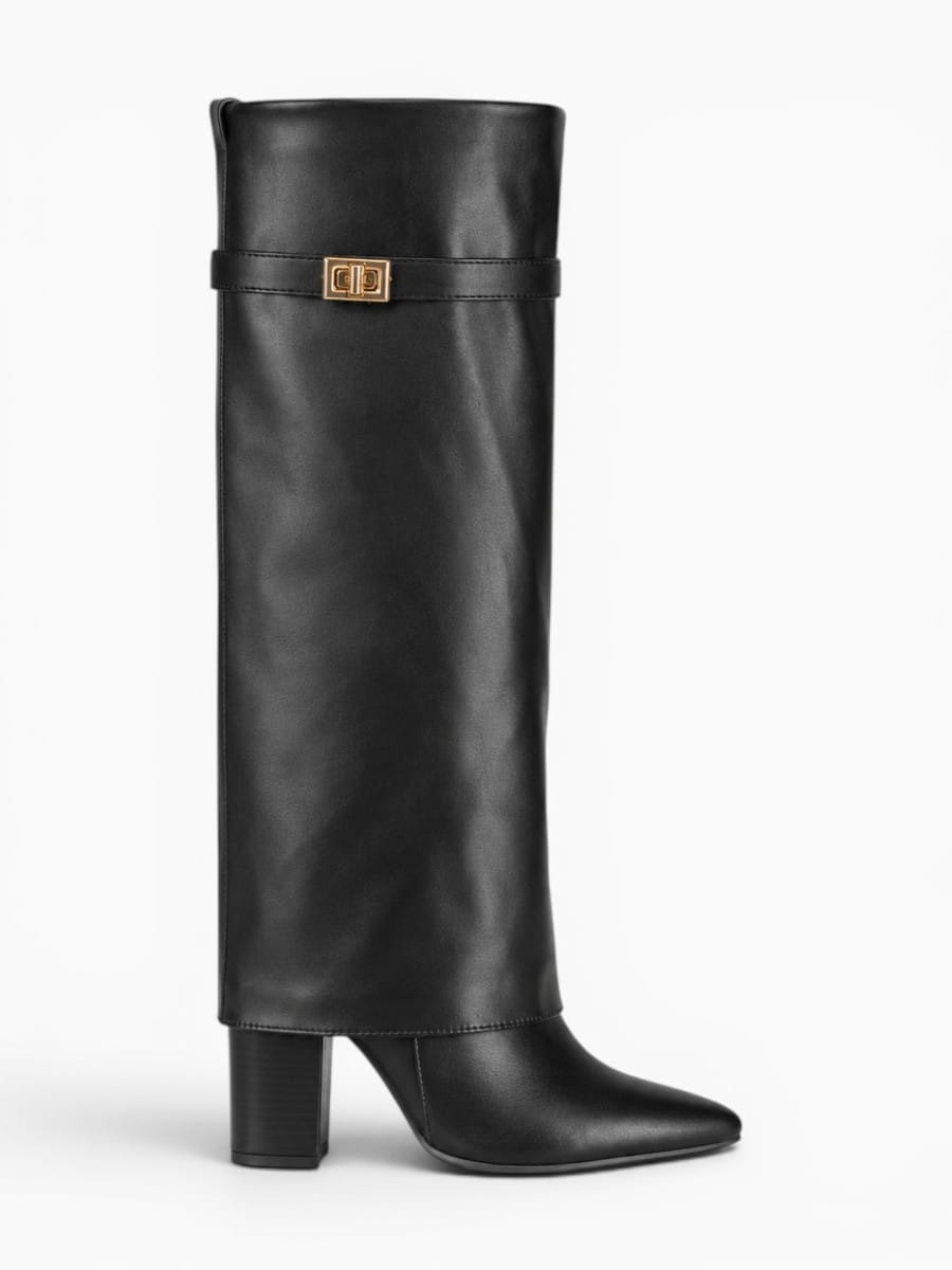 Amara Shoes Slim Leg Knee High Boot Pointed Toe Metal Buckle