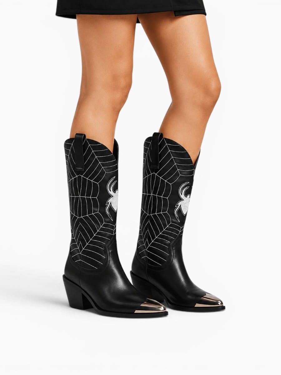 Amara Shoes Spider Web Embroidered Pointed Toe Cowboy Boots