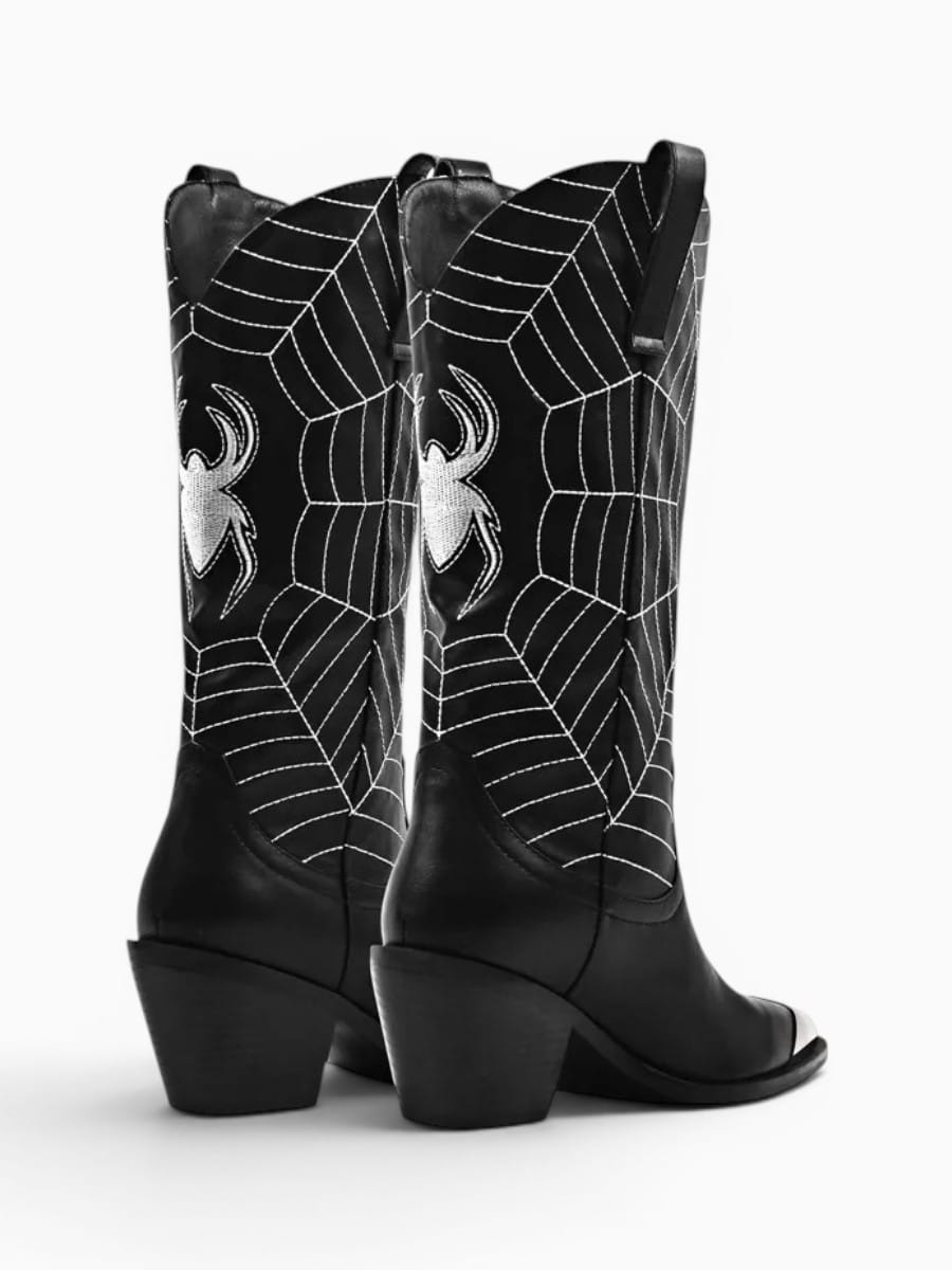 Amara Shoes Spider Web Embroidered Pointed Toe Cowboy Boots
