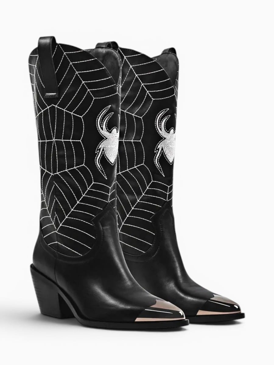 Amara Shoes Spider Web Embroidered Pointed Toe Cowboy Boots