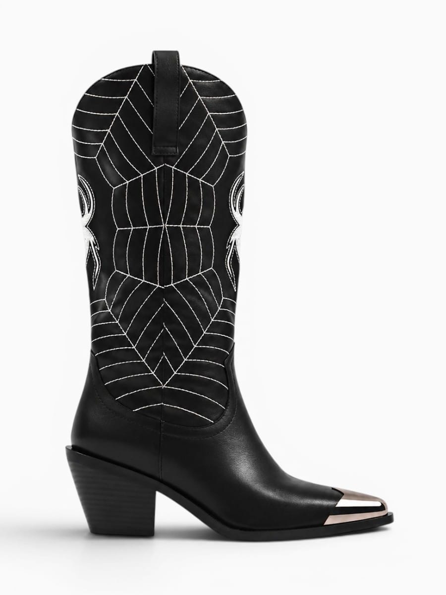 Amara Shoes Spider Web Embroidered Pointed Toe Cowboy Boots