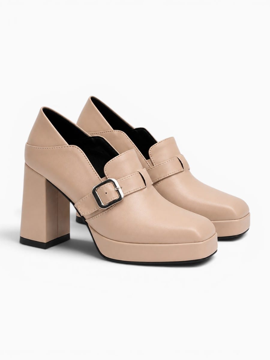 Amara Shoes Square Toe Platform Chunky Heel Buckle Pumps