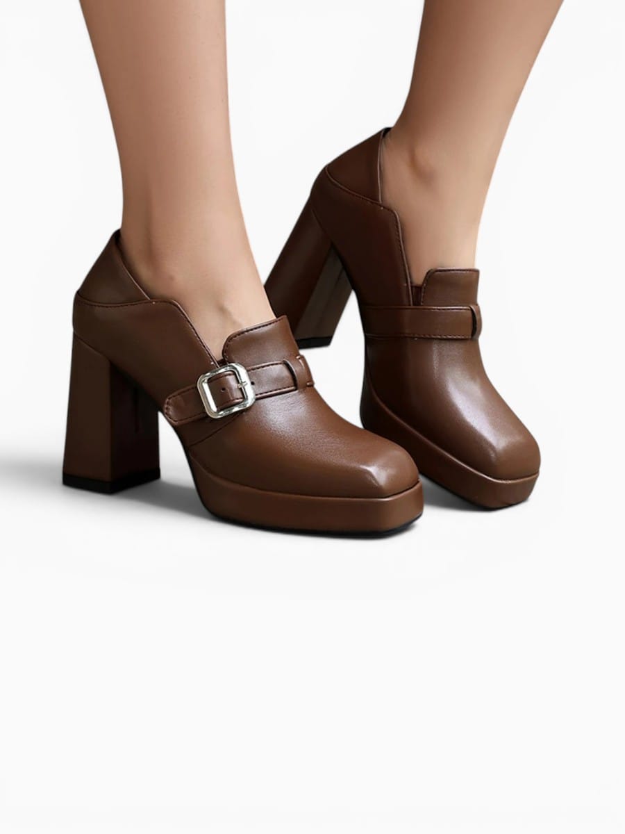 Amara Shoes Square Toe Platform Chunky Heel Buckle Pumps