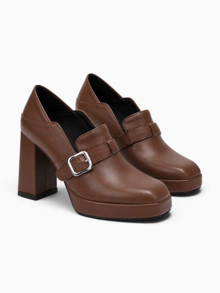 Amara Shoes Square Toe Platform Chunky Heel Buckle Pumps