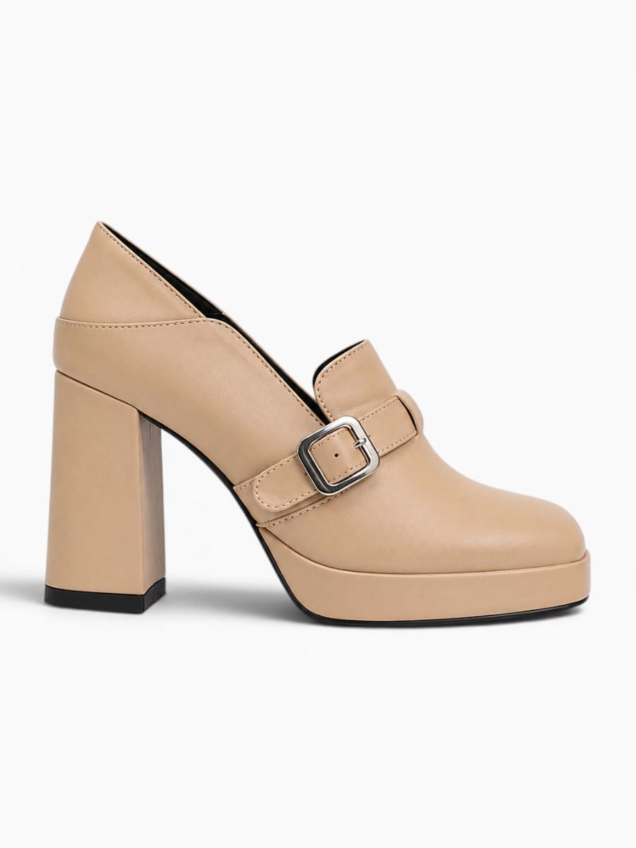 Amara Shoes Square Toe Platform Chunky Heel Buckle Pumps