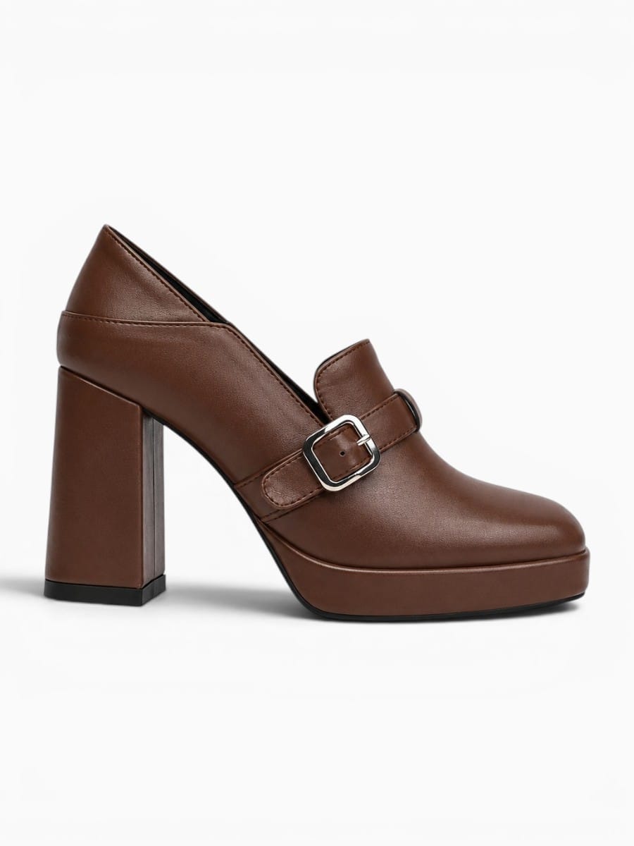 Amara Shoes Square Toe Platform Chunky Heel Buckle Pumps