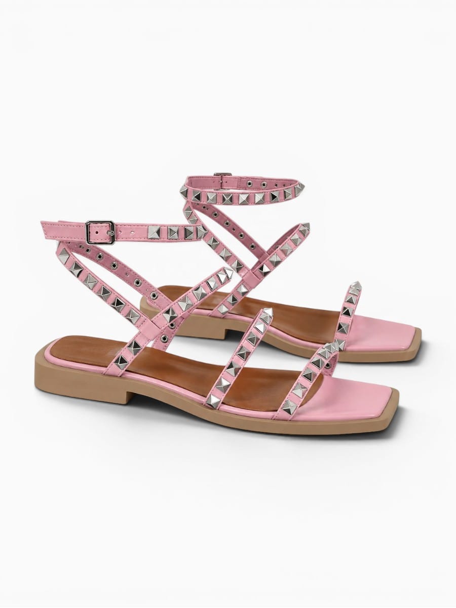 Amara Shoes Square Toe Studded Ankle Strap Sandals