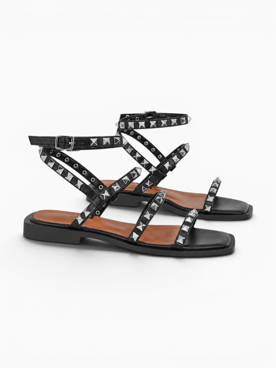 Amara Shoes Square Toe Studded Ankle Strap Sandals