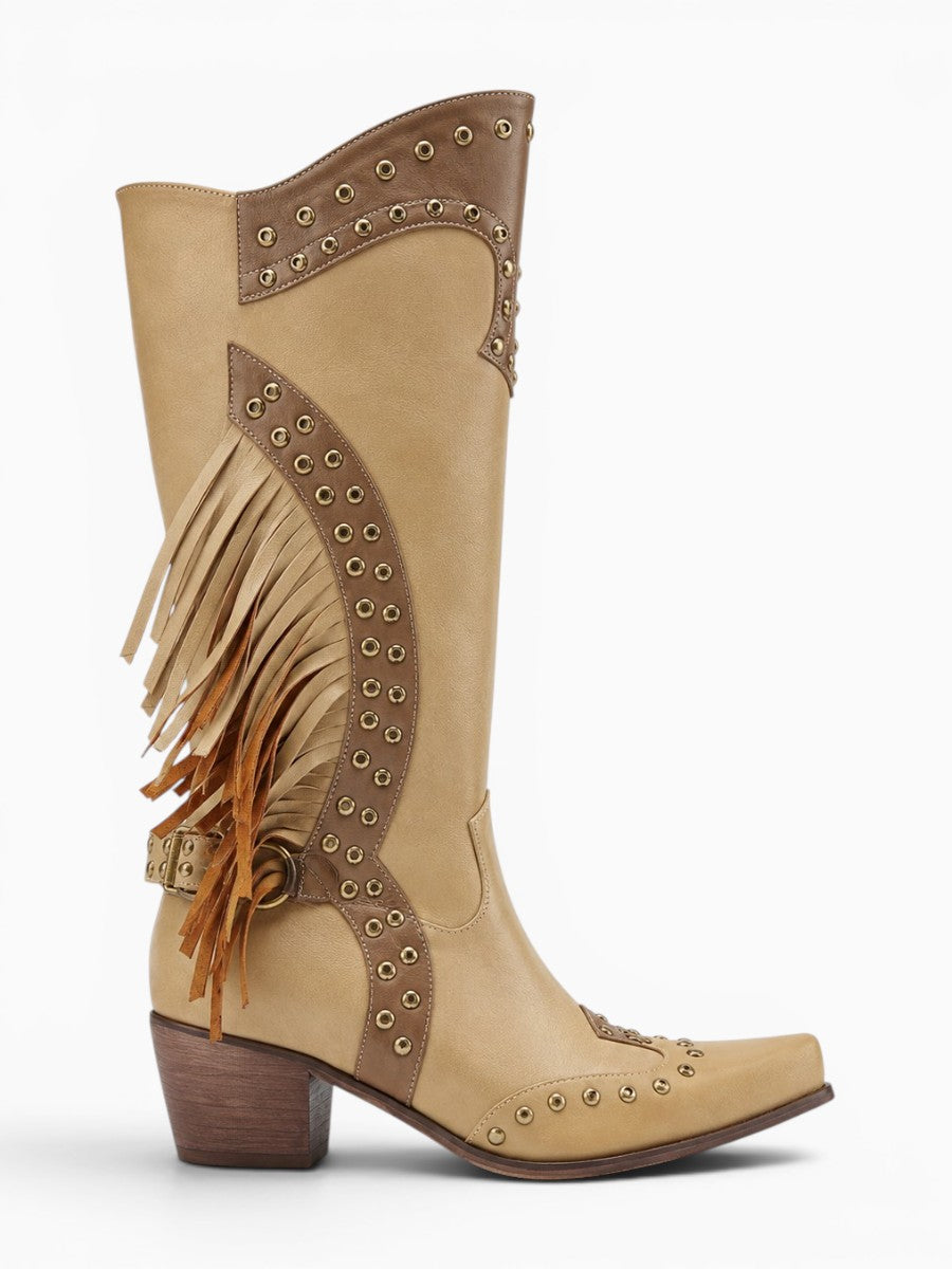 Amara Shoes Tassel Knee High Western Combat Boot Retro Pull On