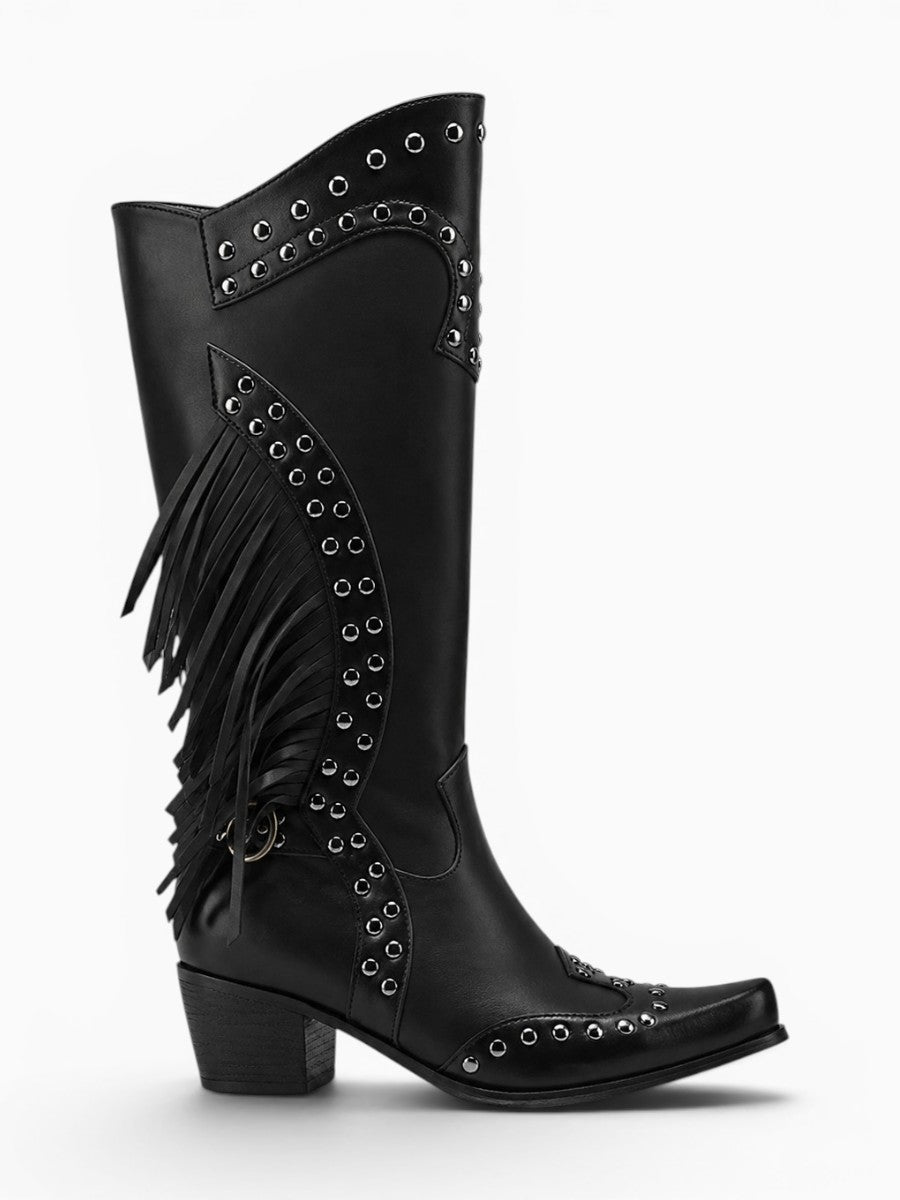 Amara Shoes Tassel Knee High Western Combat Boot Retro Pull On