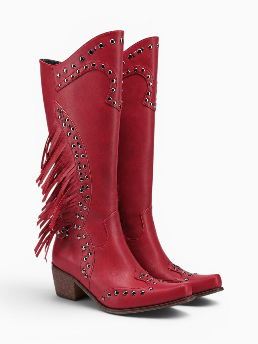 Amara Shoes Tassel Knee High Western Combat Boot Retro Pull On