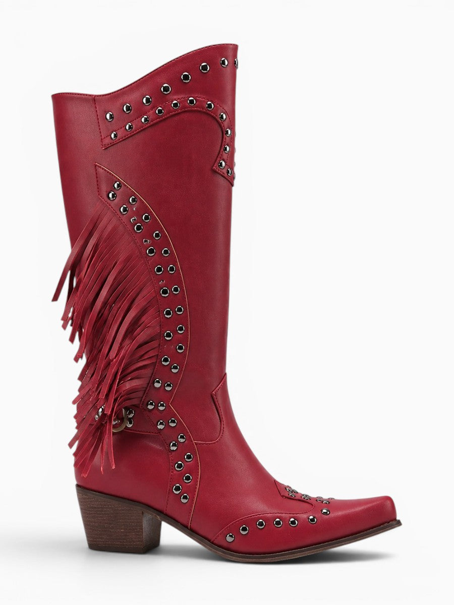 Amara Shoes Tassel Knee High Western Combat Boot Retro Pull On
