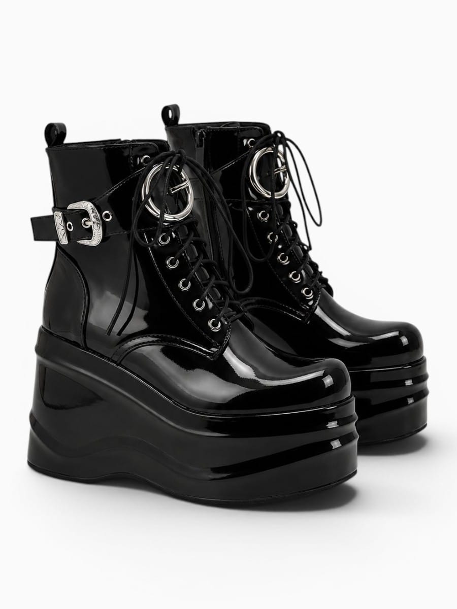 Amara Shoes Wedge Platform Bootie Round Toe Lace Belt Buckle