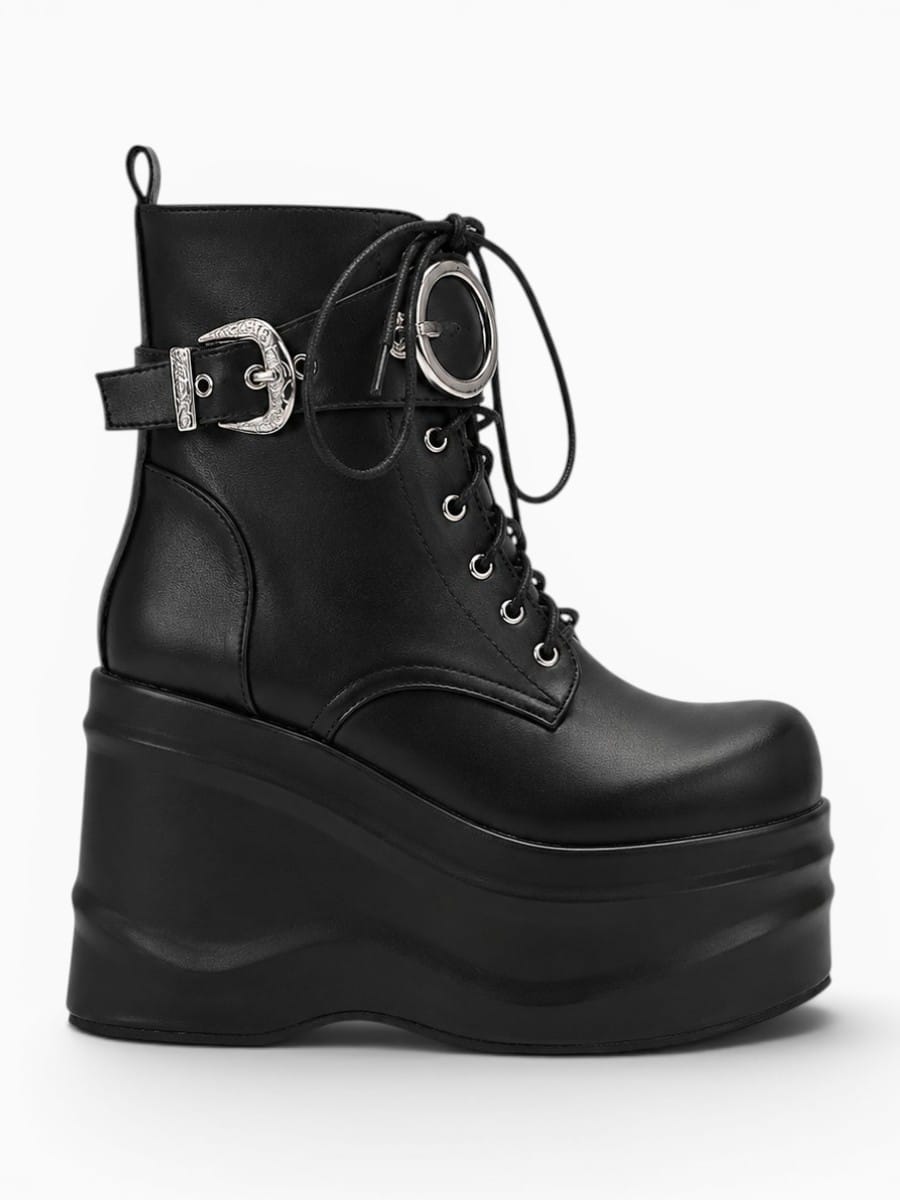 Amara Shoes Wedge Platform Bootie Round Toe Lace Belt Buckle