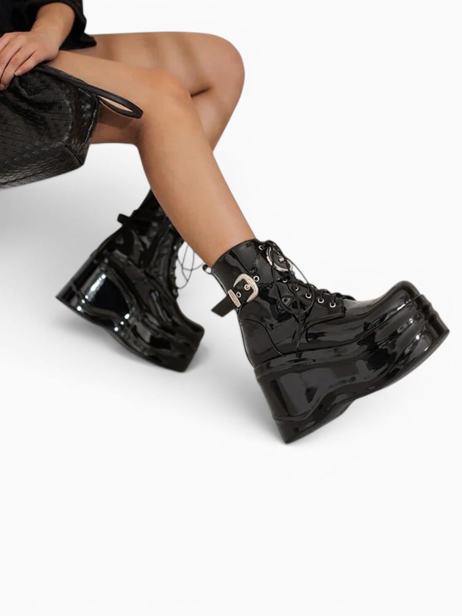 Amara Shoes Wedge Platform Bootie Round Toe Lace Belt Buckle