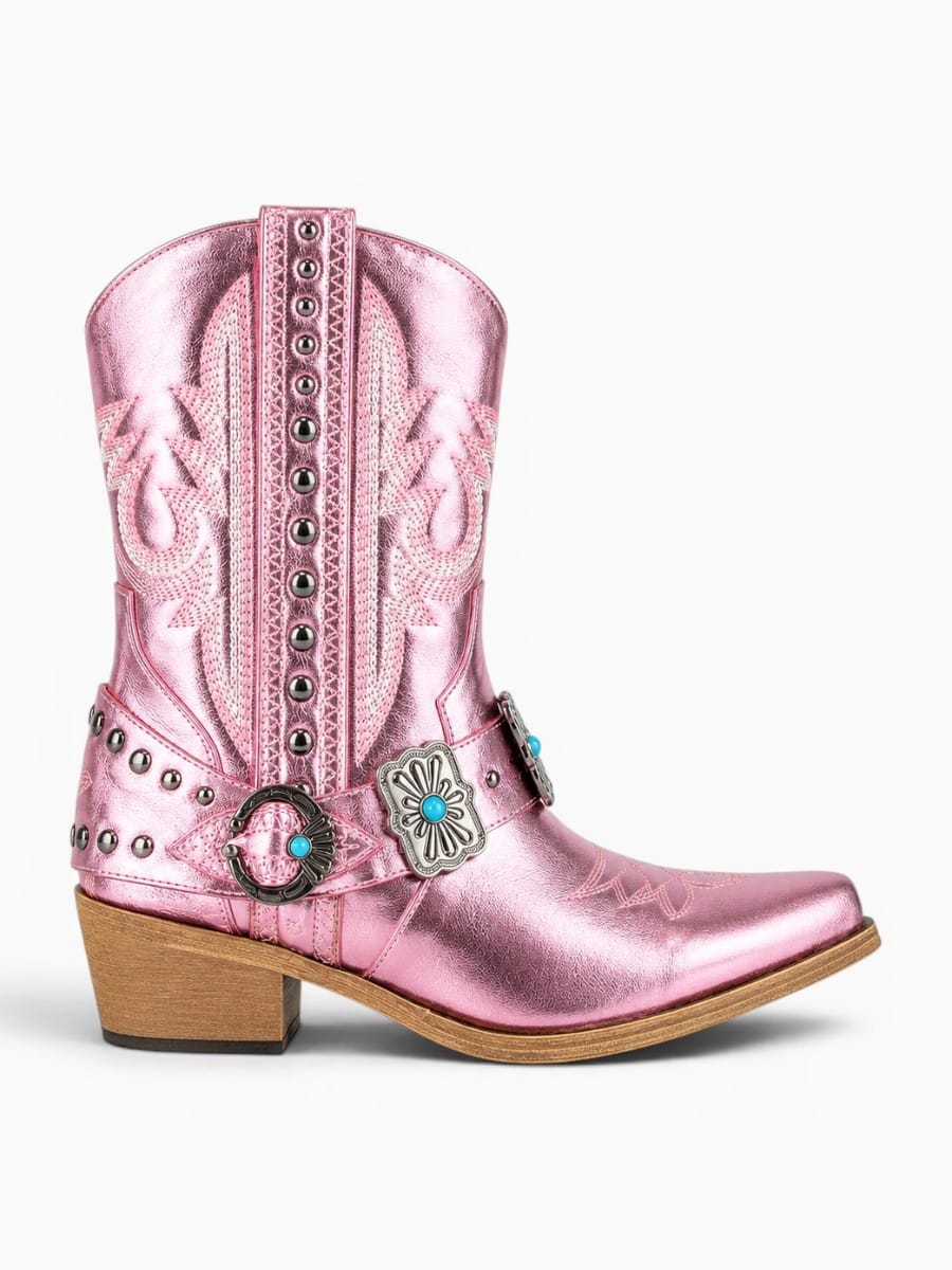 Amara Shoes Western Ankle Boots Pointed Toe Embroidery Buckle