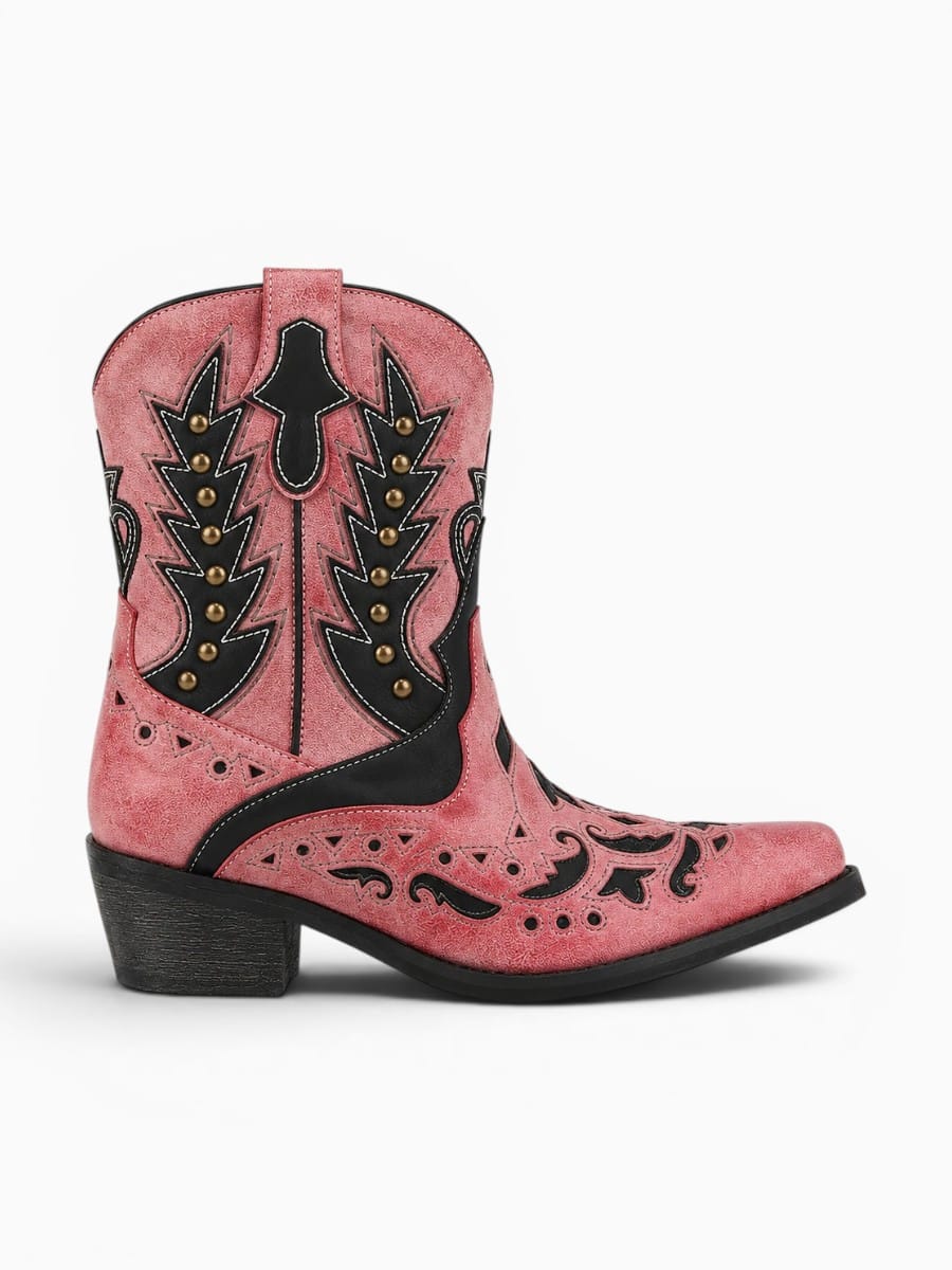 Amara Shoes Western Ankle Boots Pointed Toe Embroidery Buckle