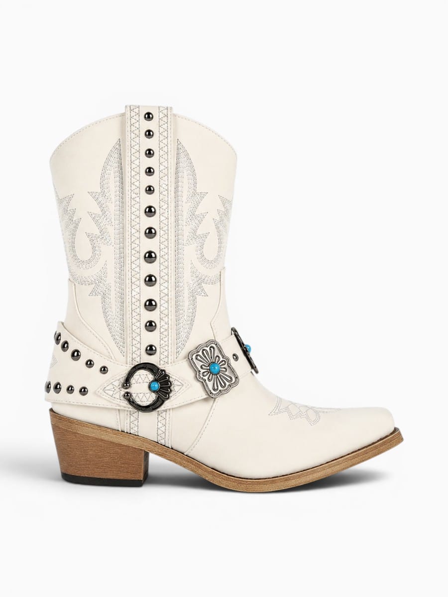 Amara Shoes Western Ankle Boots Pointed Toe Embroidery Buckle