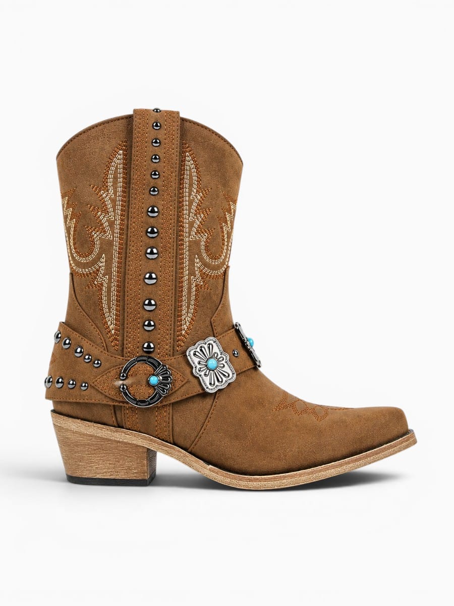 Amara Shoes Western Ankle Boots Pointed Toe Embroidery Buckle