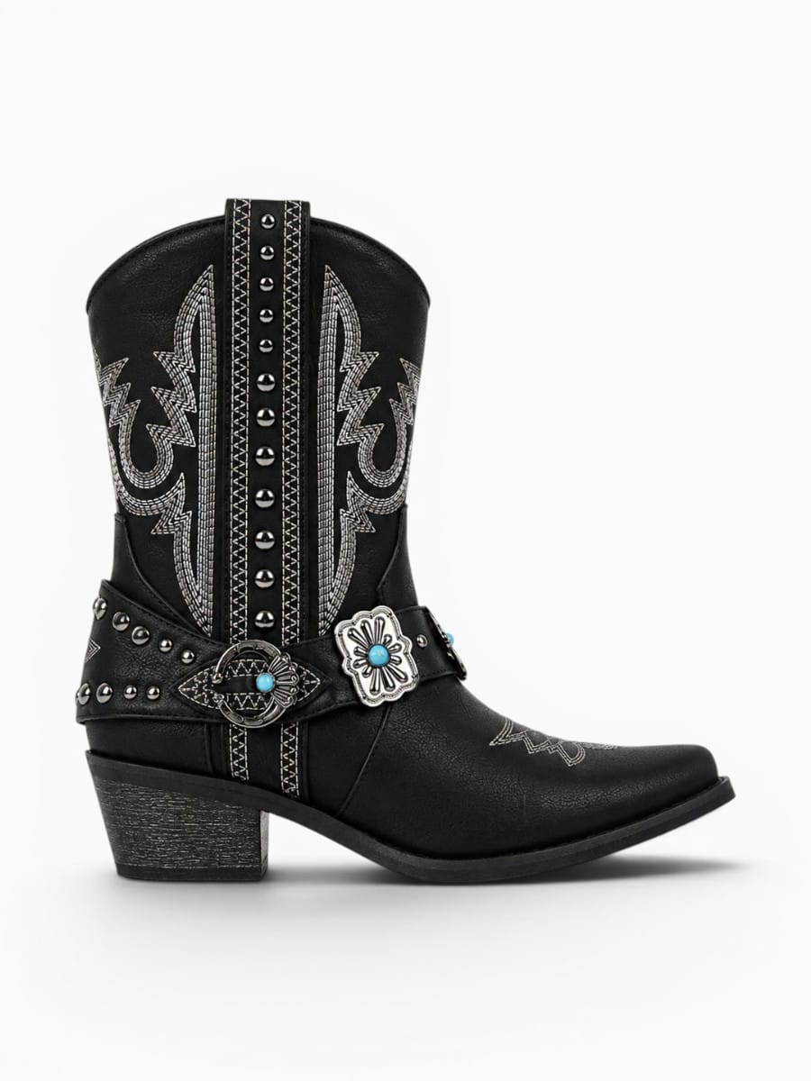 Amara Shoes Western Ankle Boots Pointed Toe Embroidery Buckle