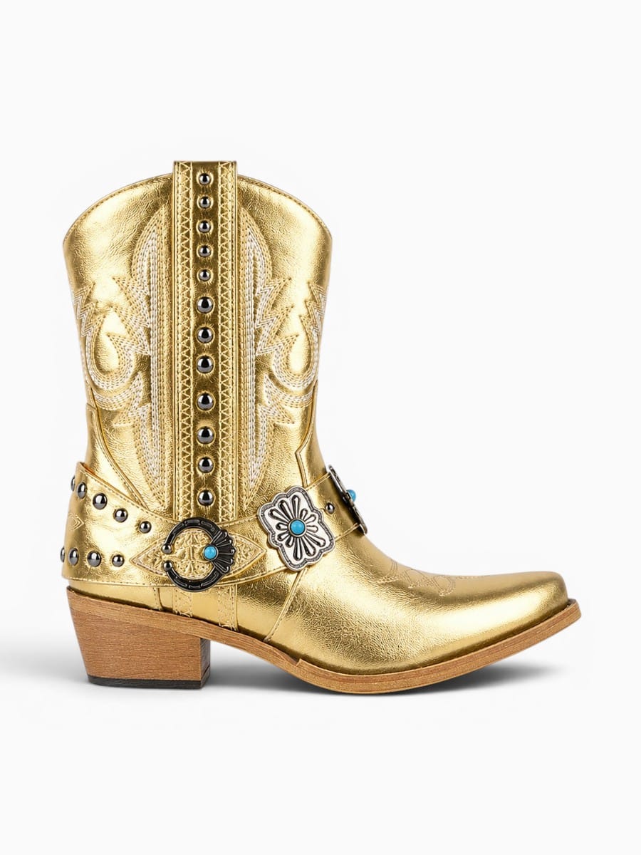 Amara Shoes Western Ankle Boots Pointed Toe Embroidery Buckle