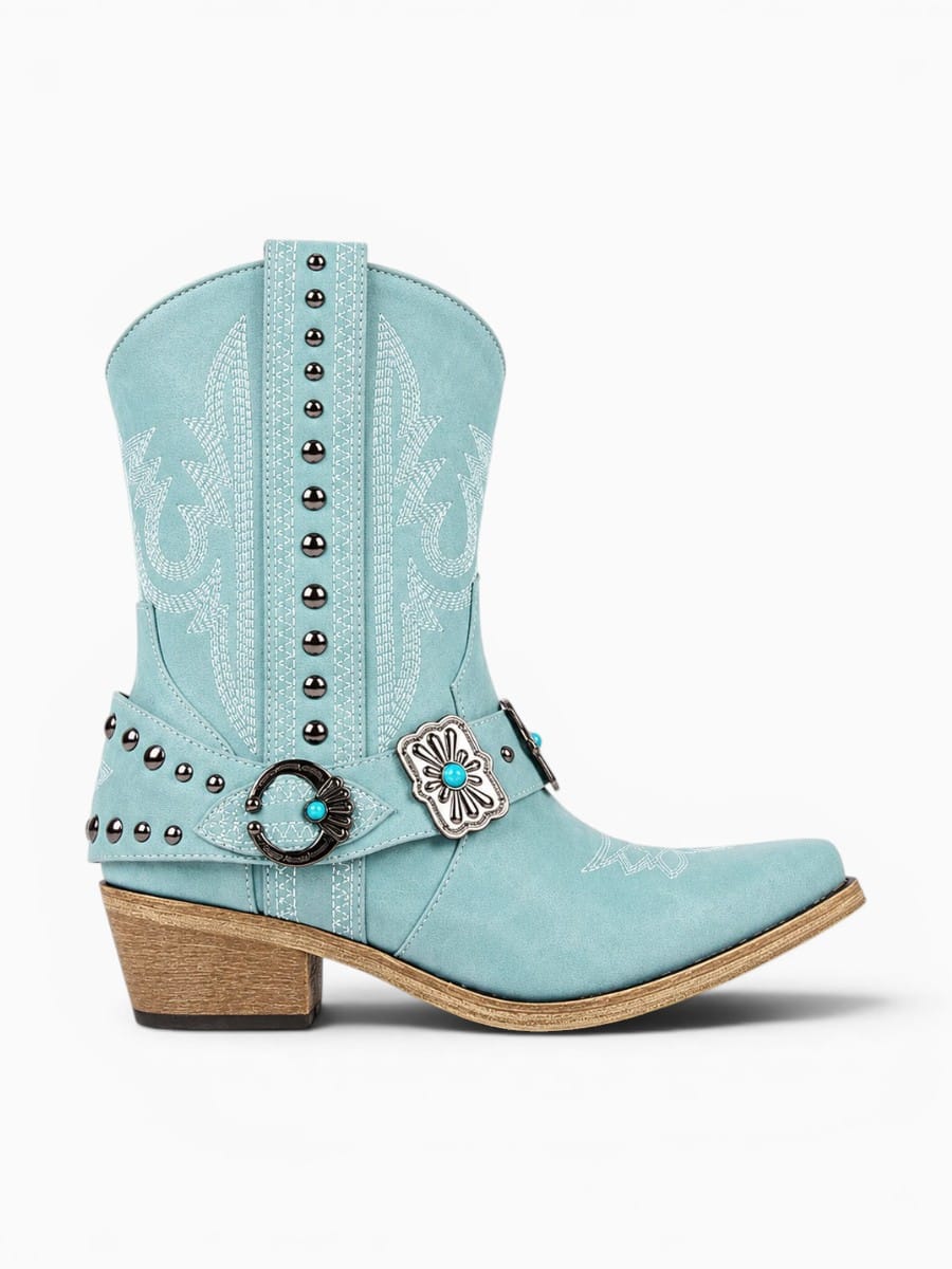 Amara Shoes Western Ankle Boots Pointed Toe Embroidery Buckle