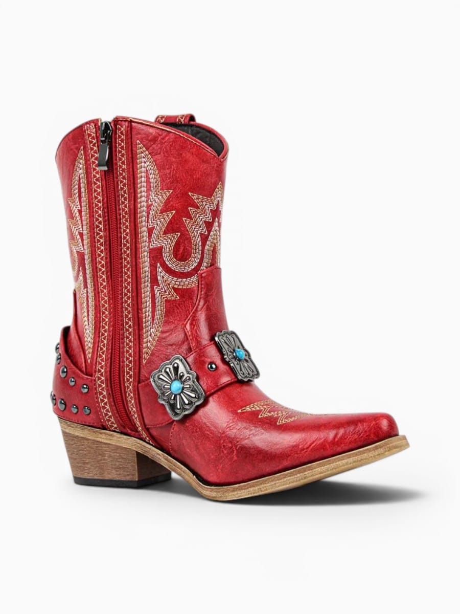 Amara Shoes Western Ankle Boots Pointed Toe Embroidery Buckle