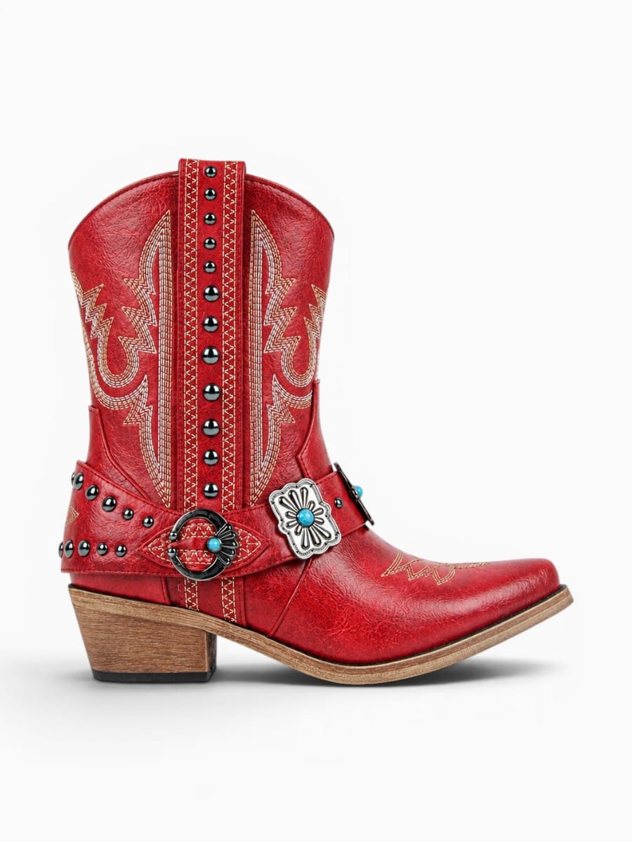 Amara Shoes Western Ankle Boots Pointed Toe Embroidery Buckle